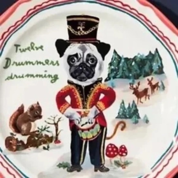 NWT Anthropologie Nathalie Lete 12 Days Christmas Drummers Dessert Plate Pug - Picture 2 of 2